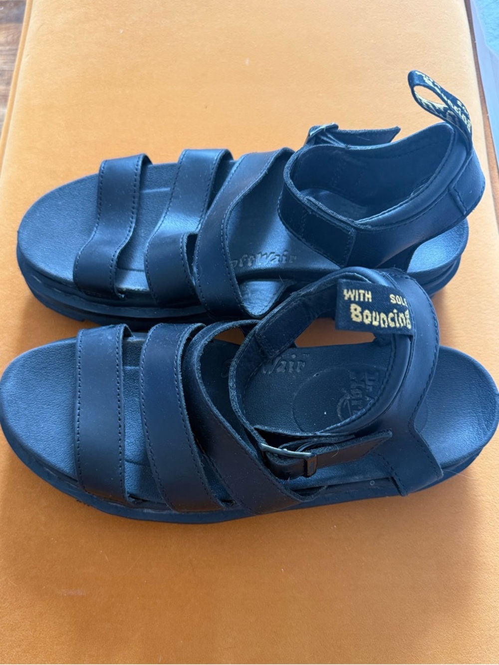 Dr. Martens Womens Black Triple-Strap Sandals with Branded Heel Loop